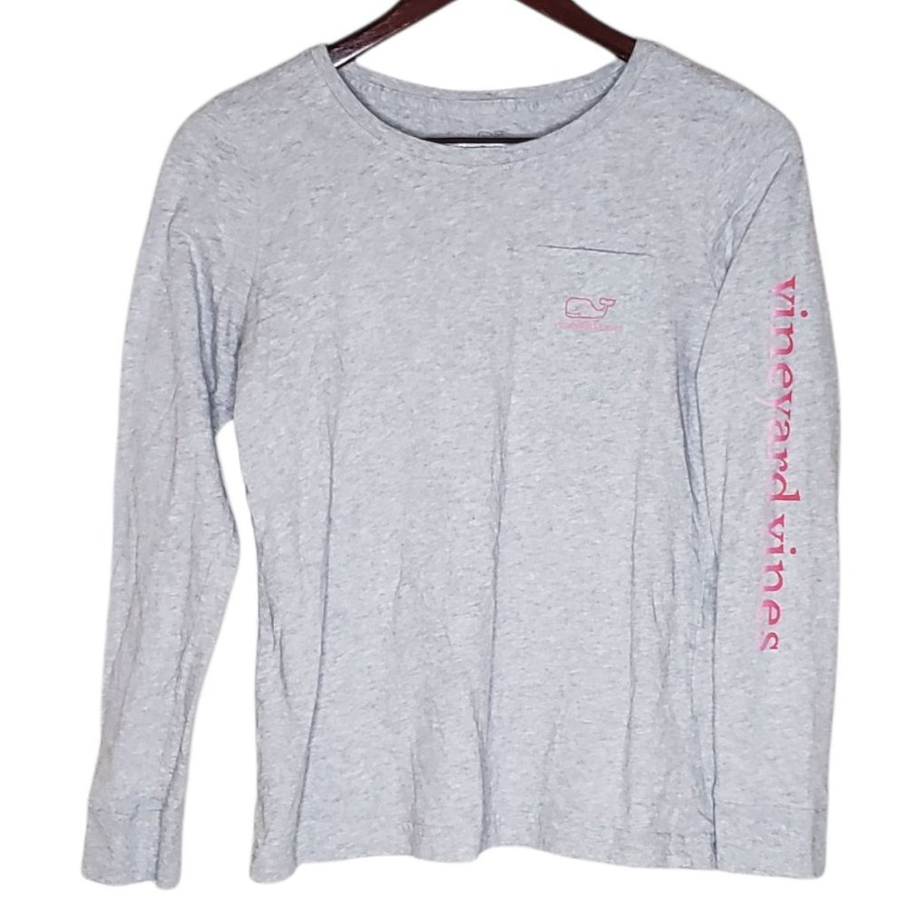 Women's Vineyard Vines XXS Long Sleeve Logo T-shirt Gray with Pink Logo Pocket